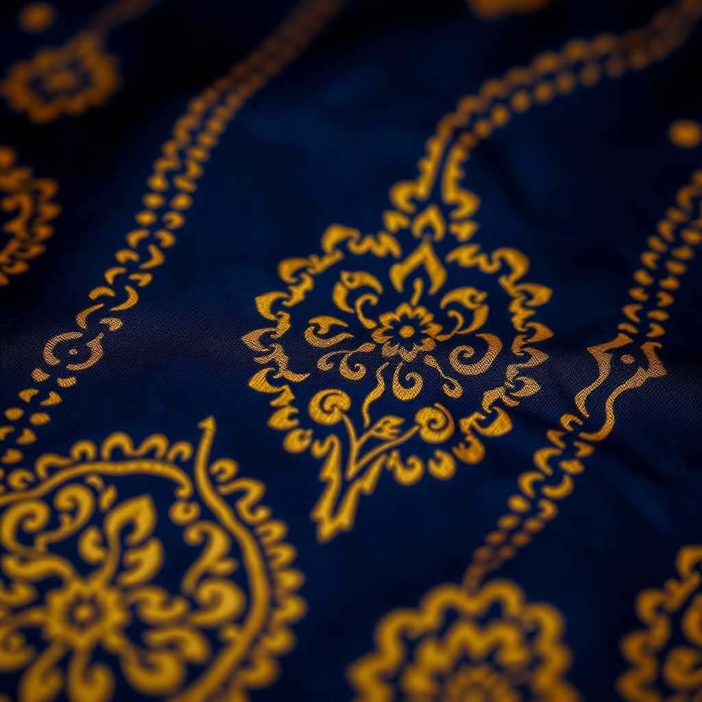 close up macro shot of traditional Indonesian Batik fabric with intricate hand-drawn patterns in dee