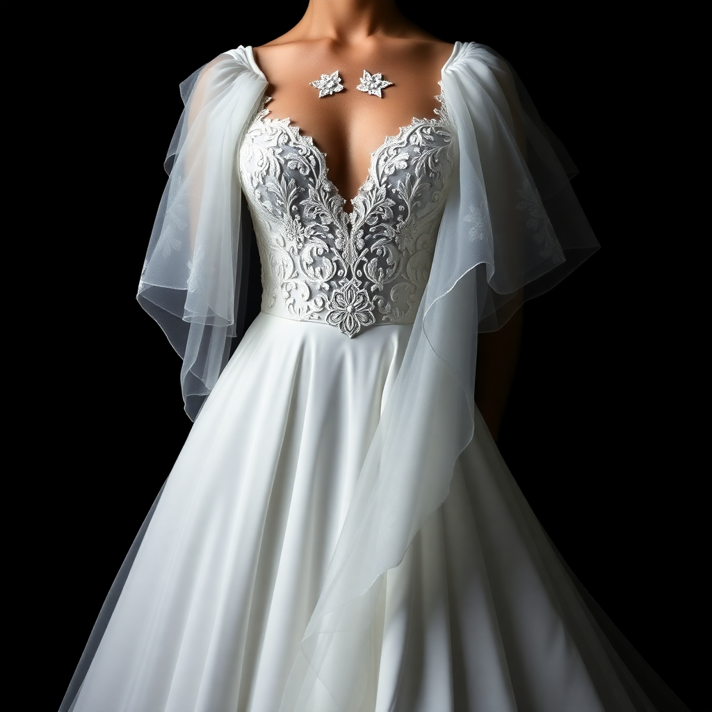 luxury white wedding gown with intricate lace bodice detail, draped on dark background, editorial fa