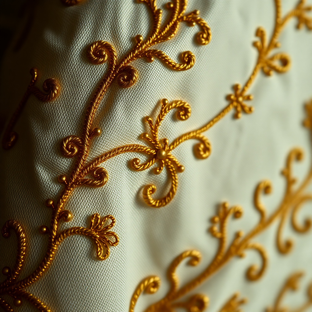 antique heirloom embroidered textile with gold thread work on aged ivory silk, museum quality, macro