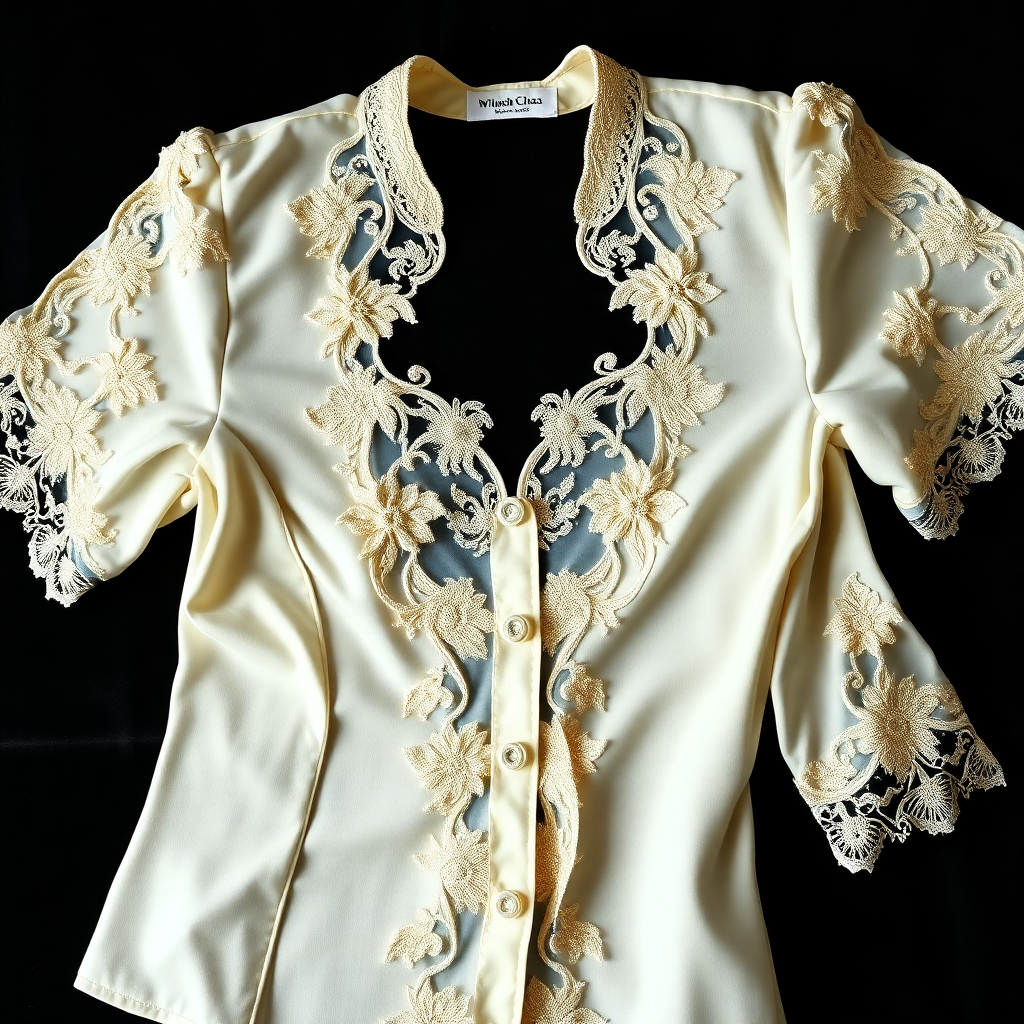 rnate Indonesian Kebaya blouse in ivory with delicate floral lacework embroidery, flat lay on black