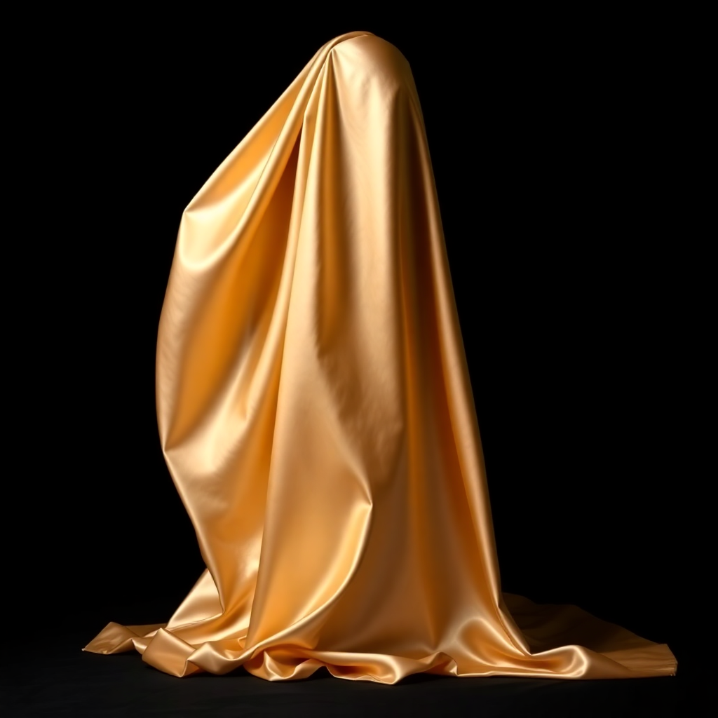 draped champagne silk evening gown with deep folds and lustrous sheen, luxury fashion still life, da