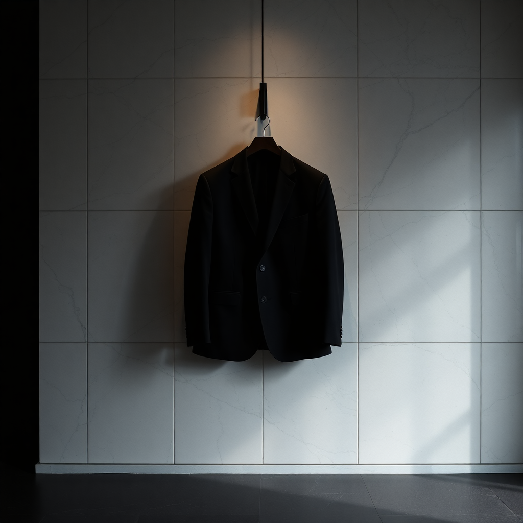 immaculate black wool suit jacket hanging on marble wall, luxury menswear editorial, dramatic lighti