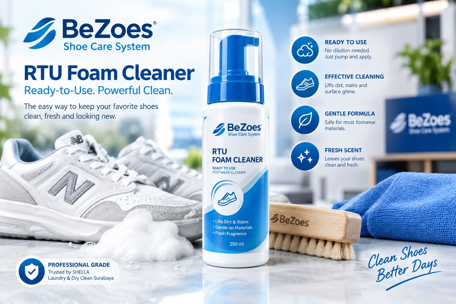 BeZoes RTU Foam Cleaner product showcase with sneaker and cleaning brush