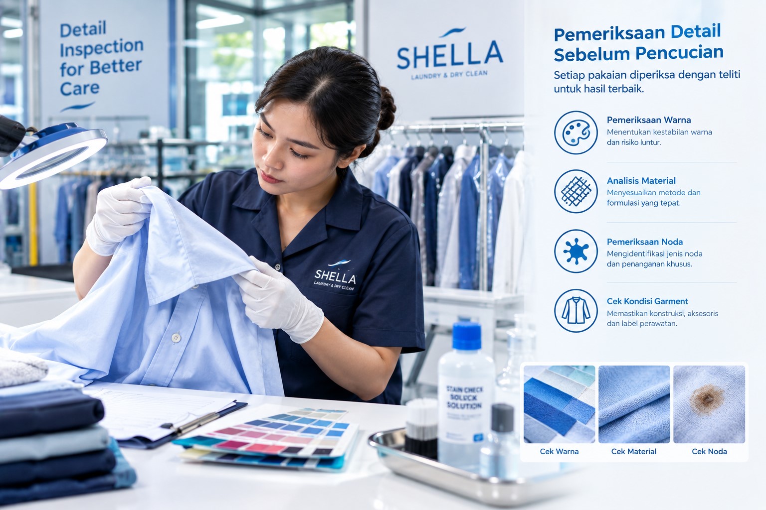 Pemeriksaan kain warna dan noda sebelum proses laundry Surabaya