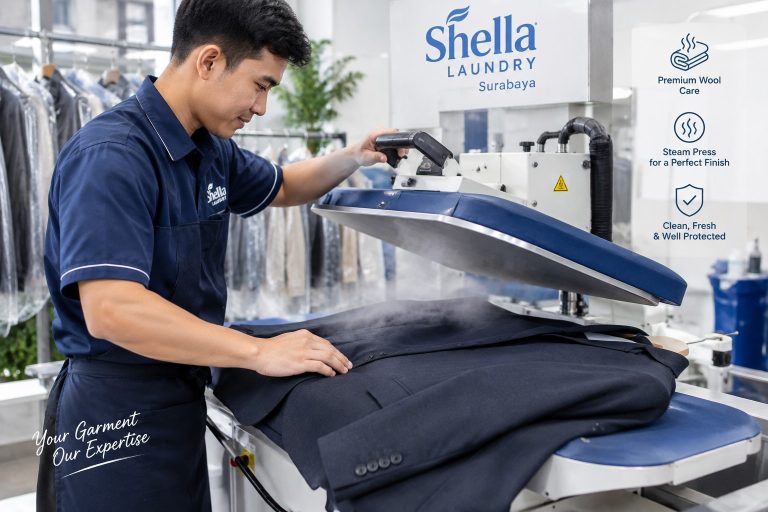Jas premium wool sedang diproses dengan steam press di Shella Laundry Surabaya