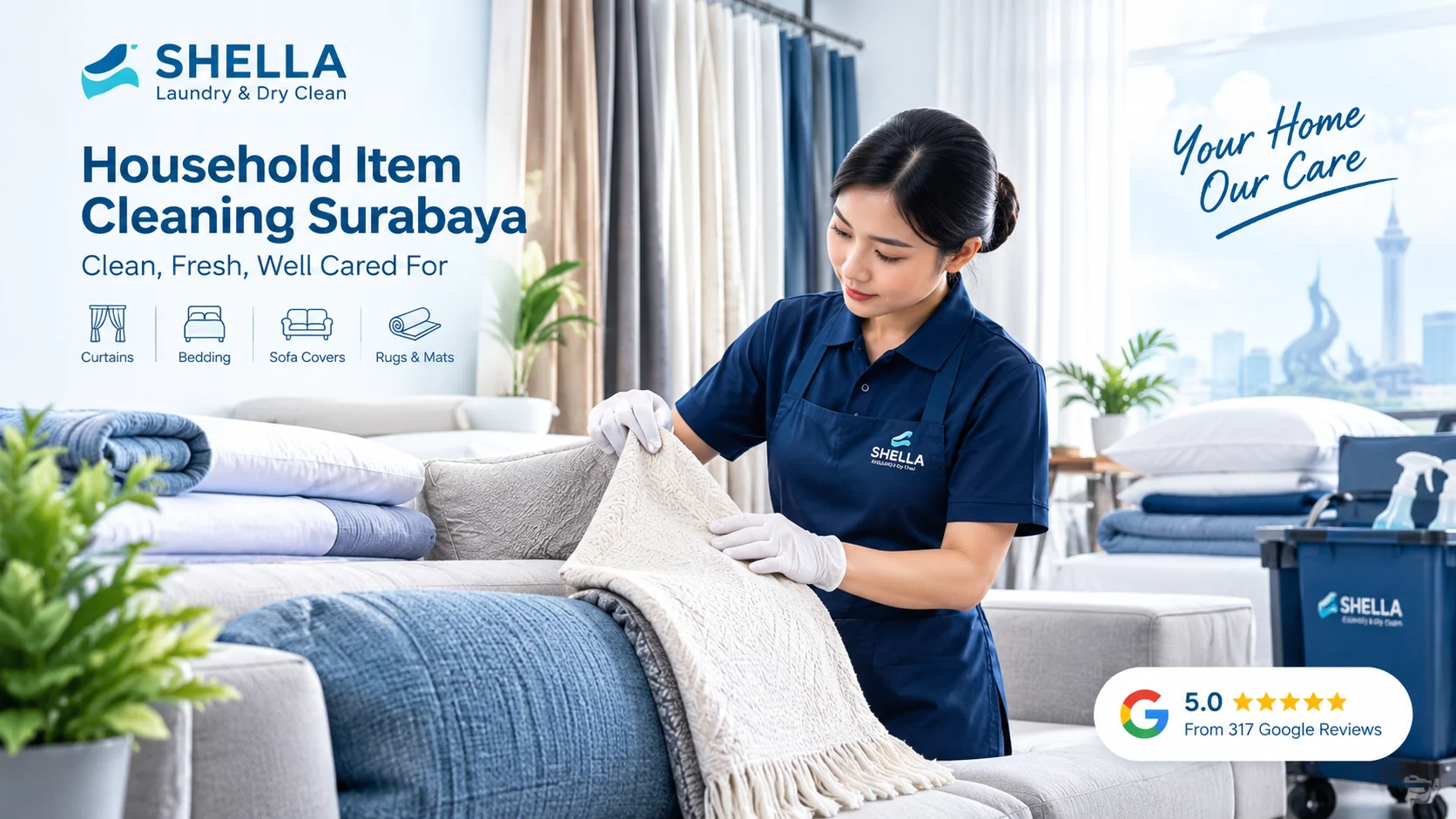 Household textile cleaning including bedding and upholstery in Surabaya