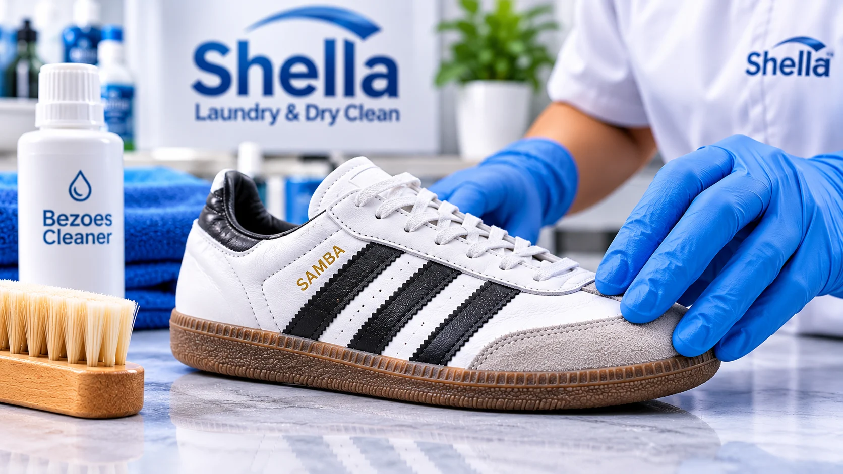 cuci sepatu premium Surabaya - wiping Adidas Samba dengan microfiber towel di Shella Laundry