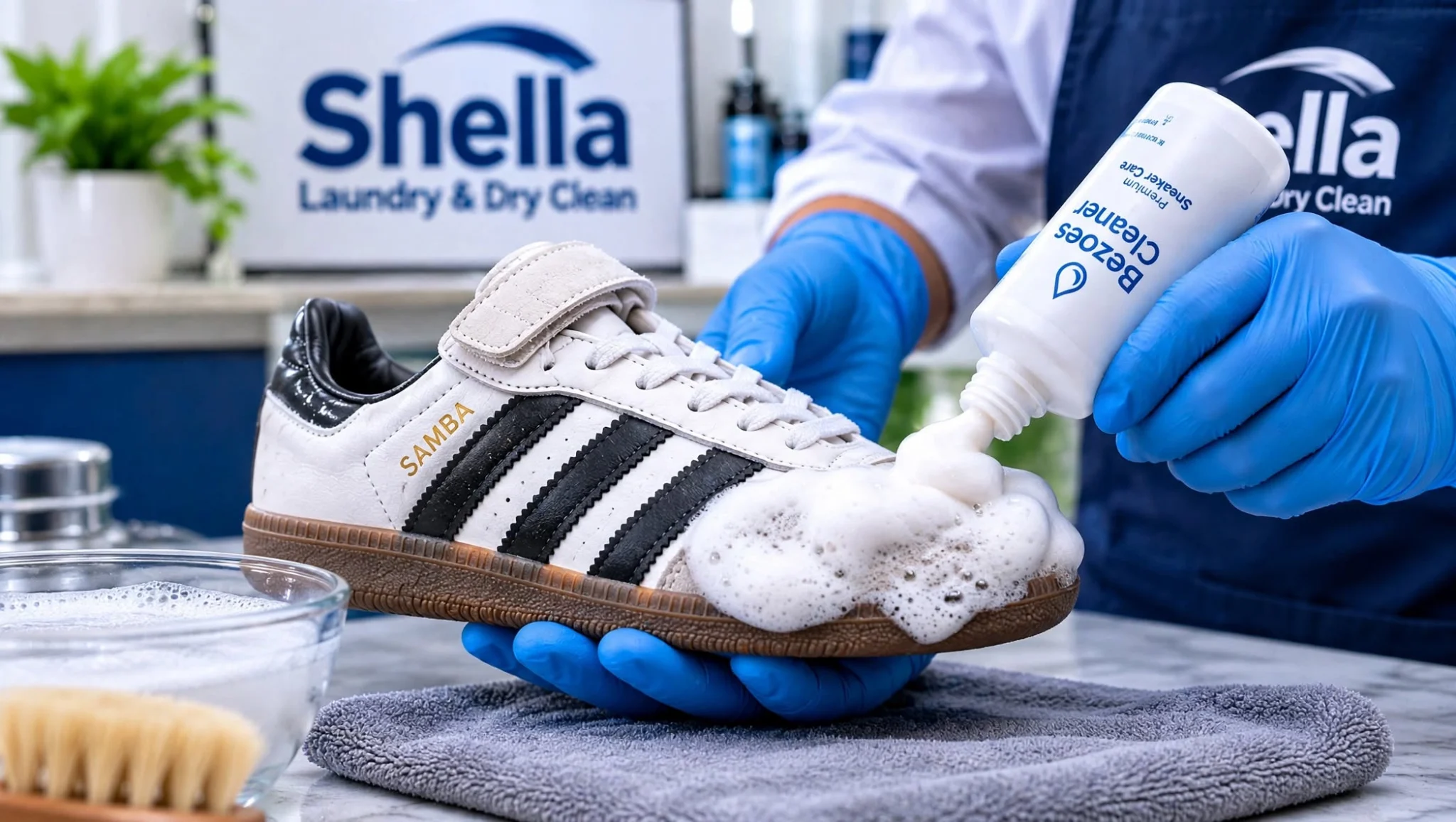 cuci sepatu premium Surabaya - a professional cleaner applying a small amount of premium sneaker cleaning foam onto a soft brush beside an Adidas Samba white shoe