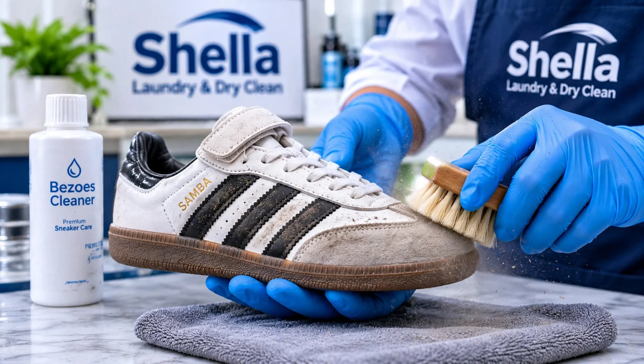cuci sepatu premium Surabaya - a blue-gloved professional hand gently brushing the Adidas Samba upper and rubber edges with a soft detailing brush