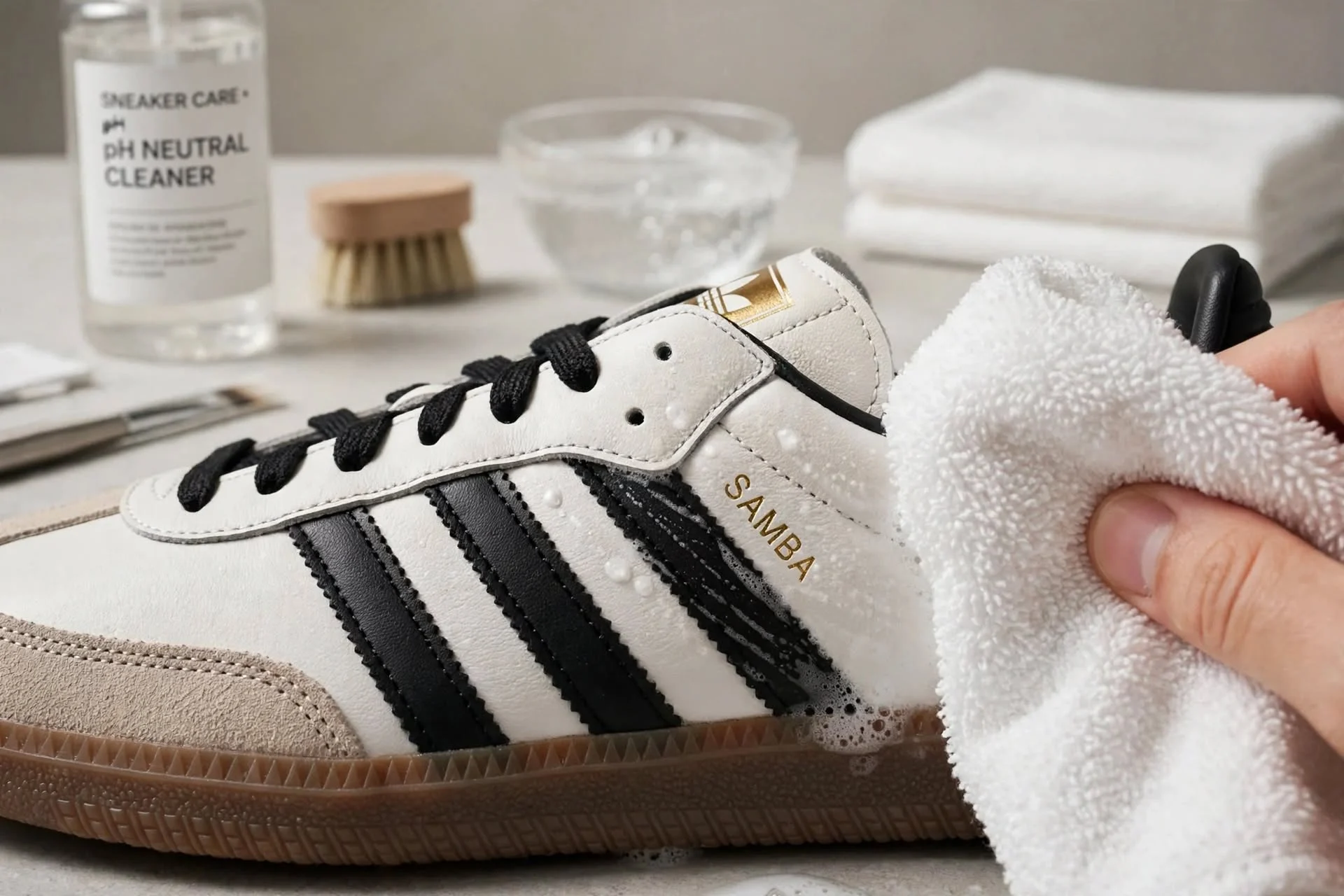 cuci sepatu premium Surabaya - dirty foam residue vs clean suede