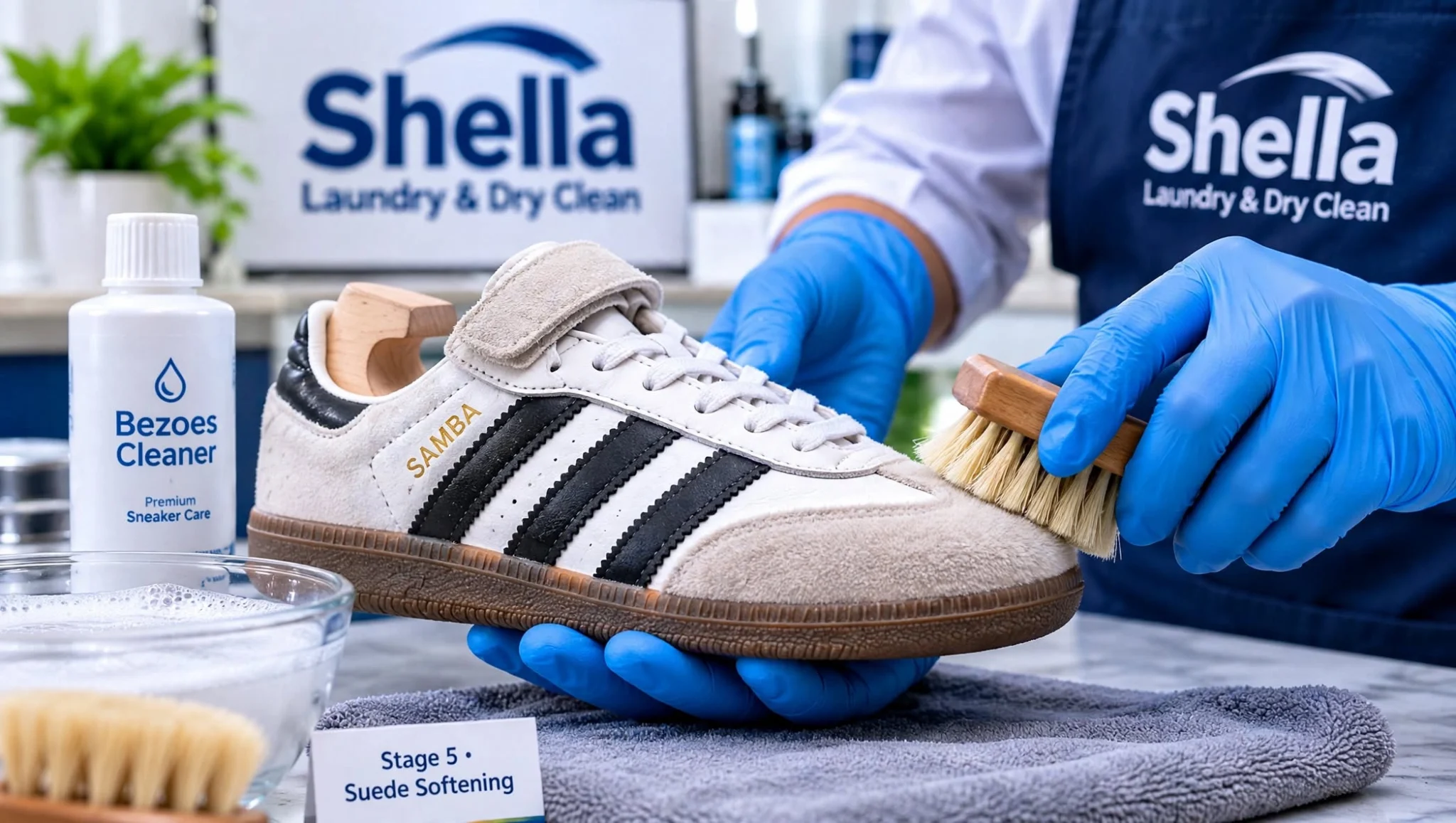 cuci sepatu premium Surabaya - Using suede eraser and shoe tree inside Adidas Samba, suede nap brushed up looking fluffy