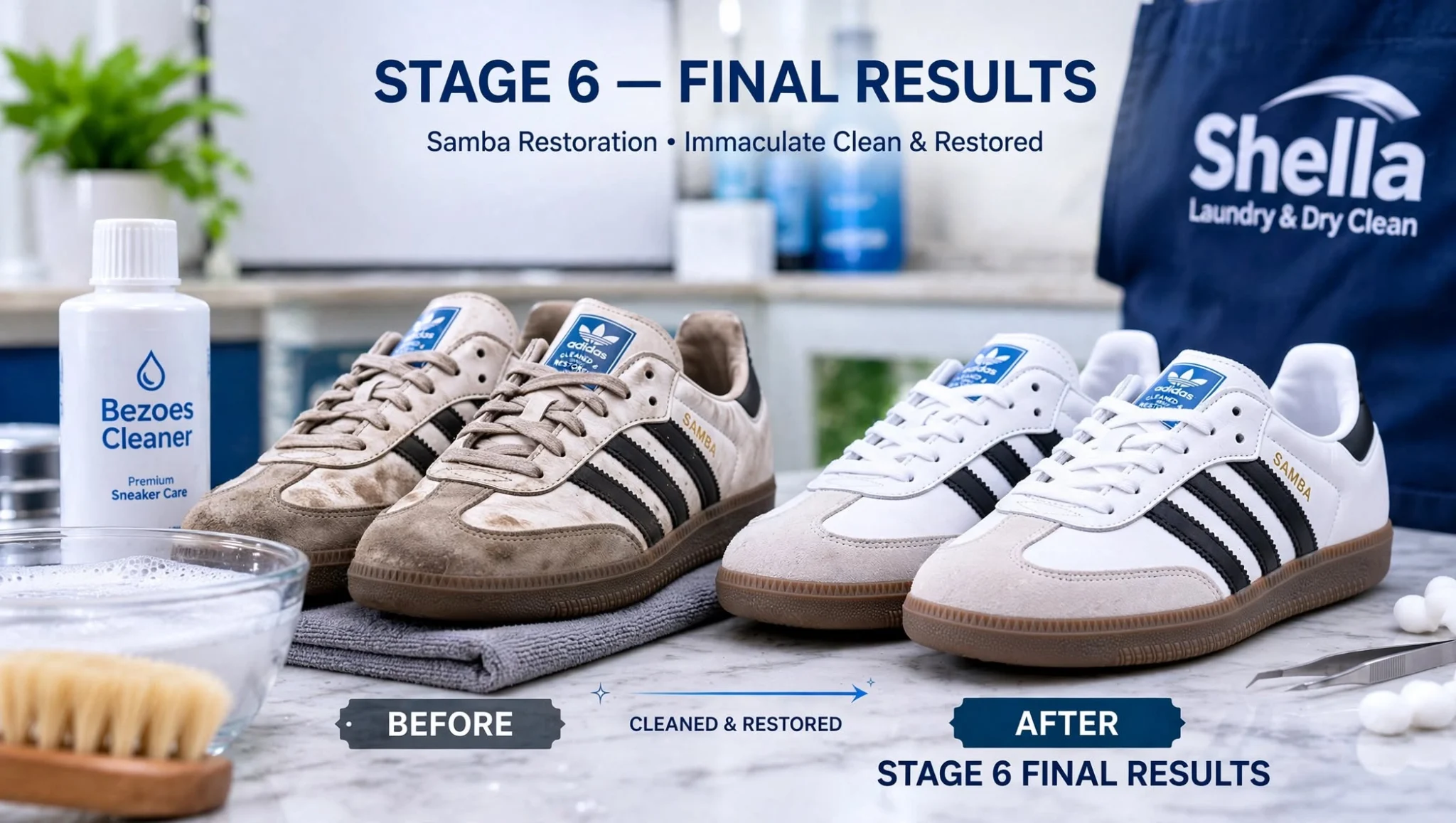 cuci sepatu premium Surabaya - Final result - pair of immaculate Adidas Samba OG on clean white pedestal