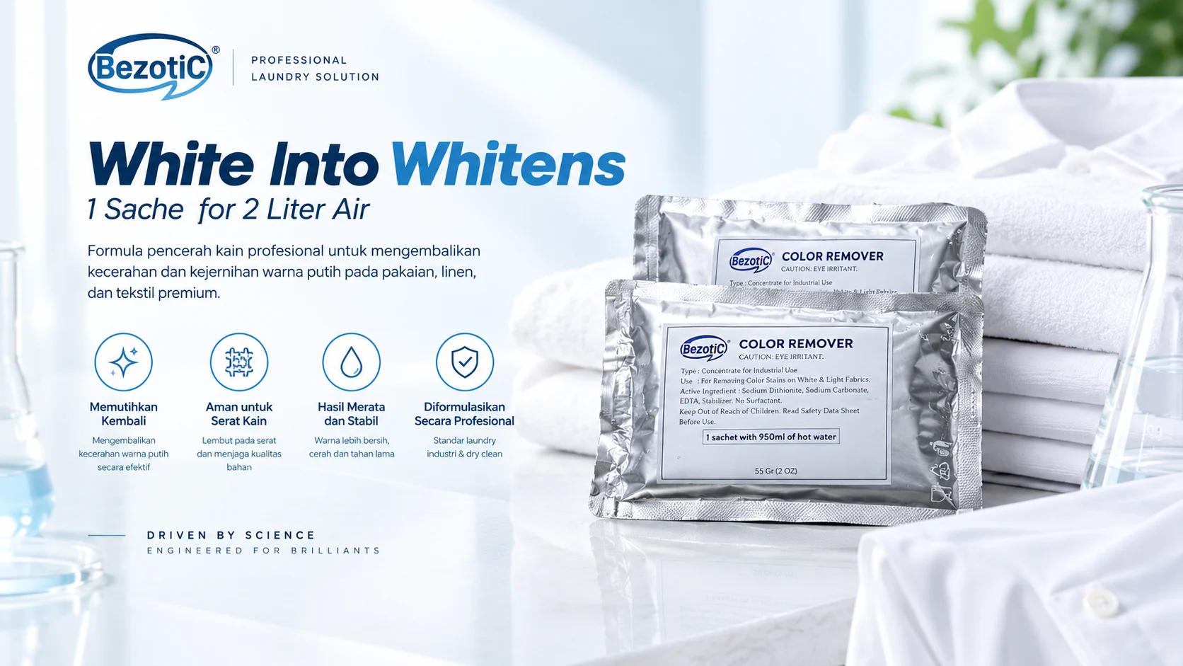 BeZotic Color Remover White Into Whitens untuk penanganan kelunturan pakaian putih
