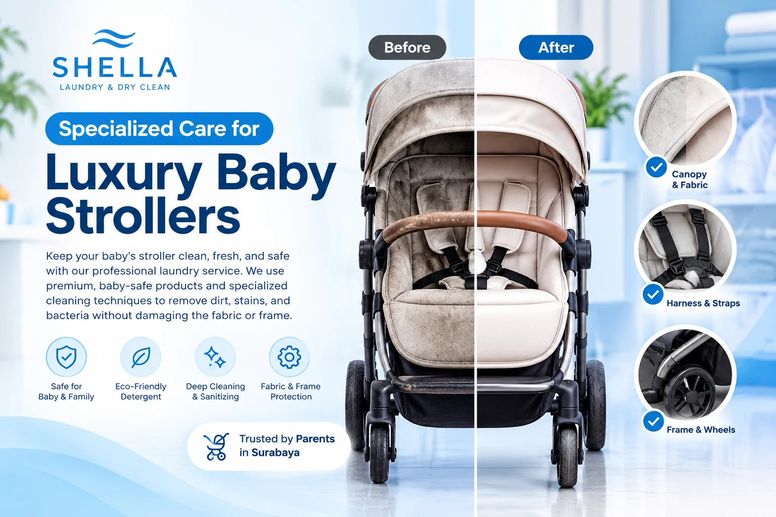 Technician inspecting stroller mechanics for baby stroller cleaning surabaya