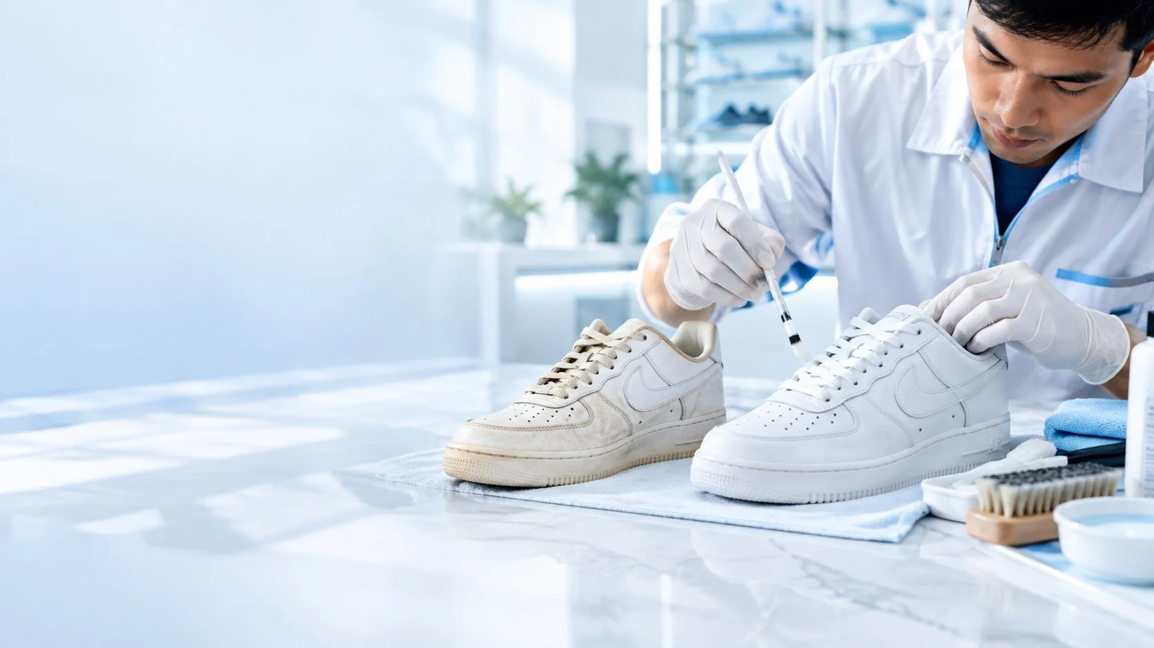 Professional white sneaker whitening treatment at Shella Laundry Surabaya