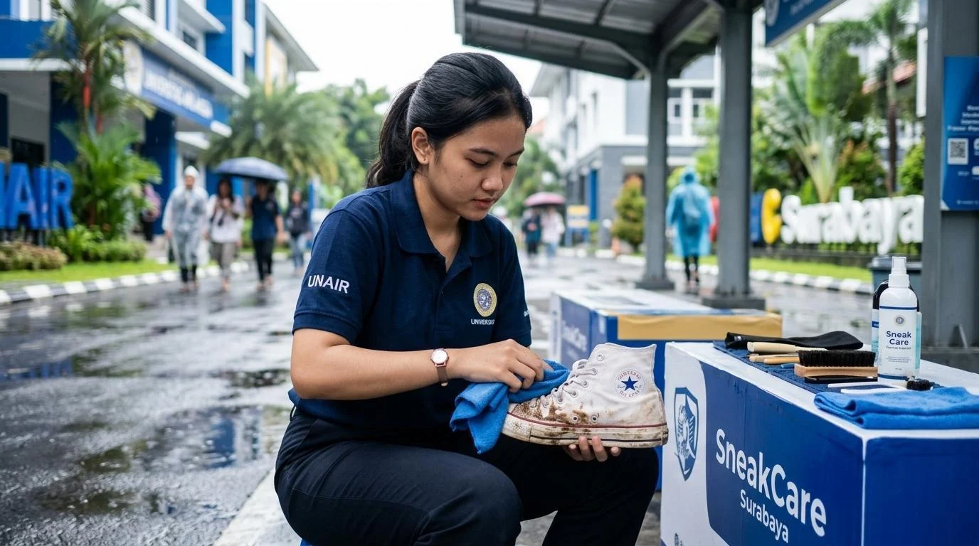 Membersihkan noda lumpur pada sneaker canvas sebelum mengering di Surabaya