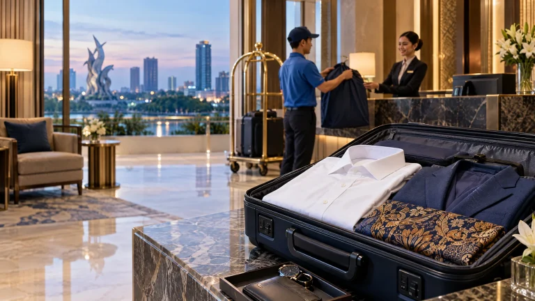 Express hotel laundry in Surabaya with a suitcase, freshly pressed shirt, tailored blazer, and folded batik ready for lobby pickup