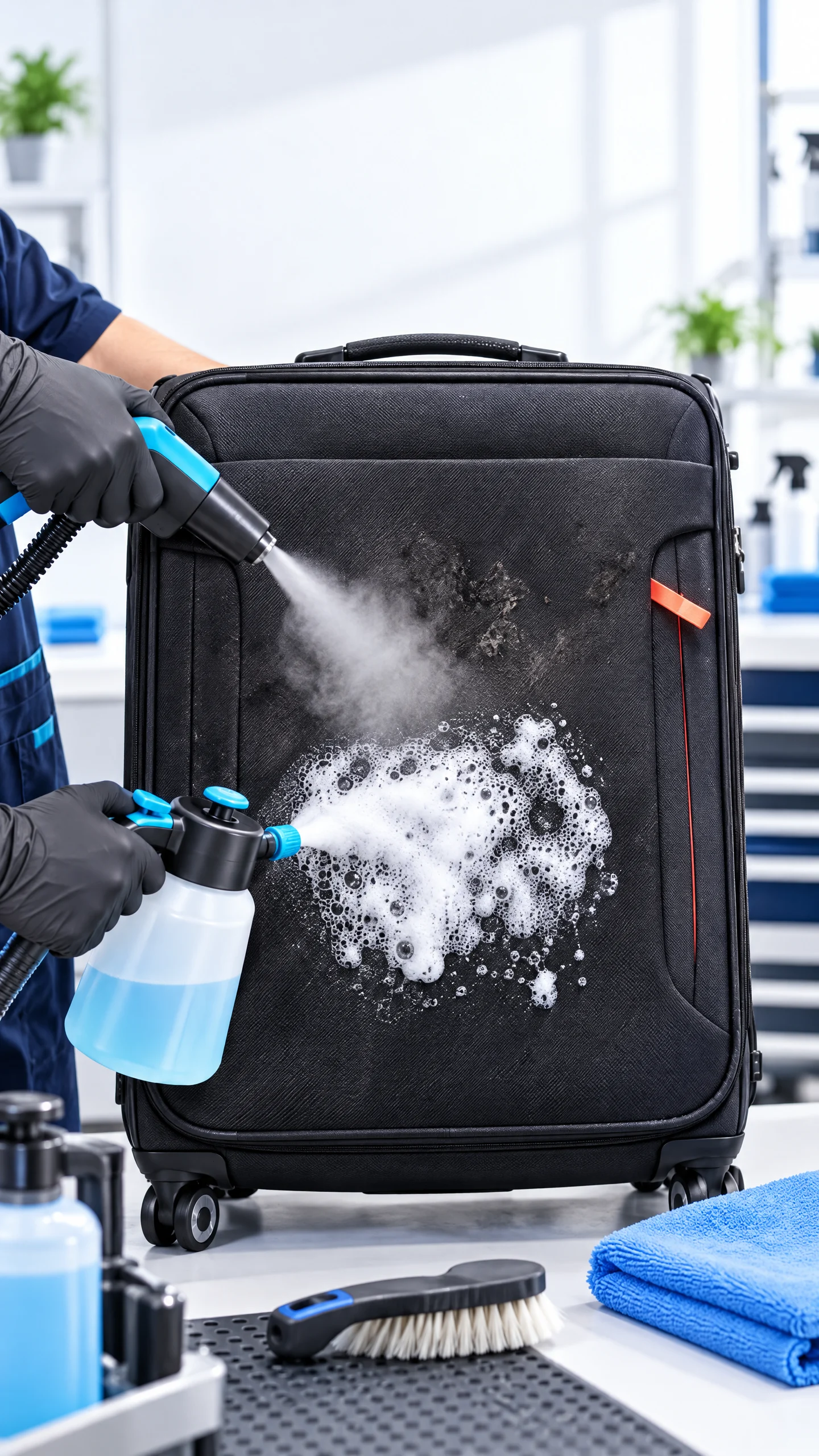 Teknisi menangani luggage softshell dengan controlled micro-steam dan foam less water di workshop SHELLA Laundry