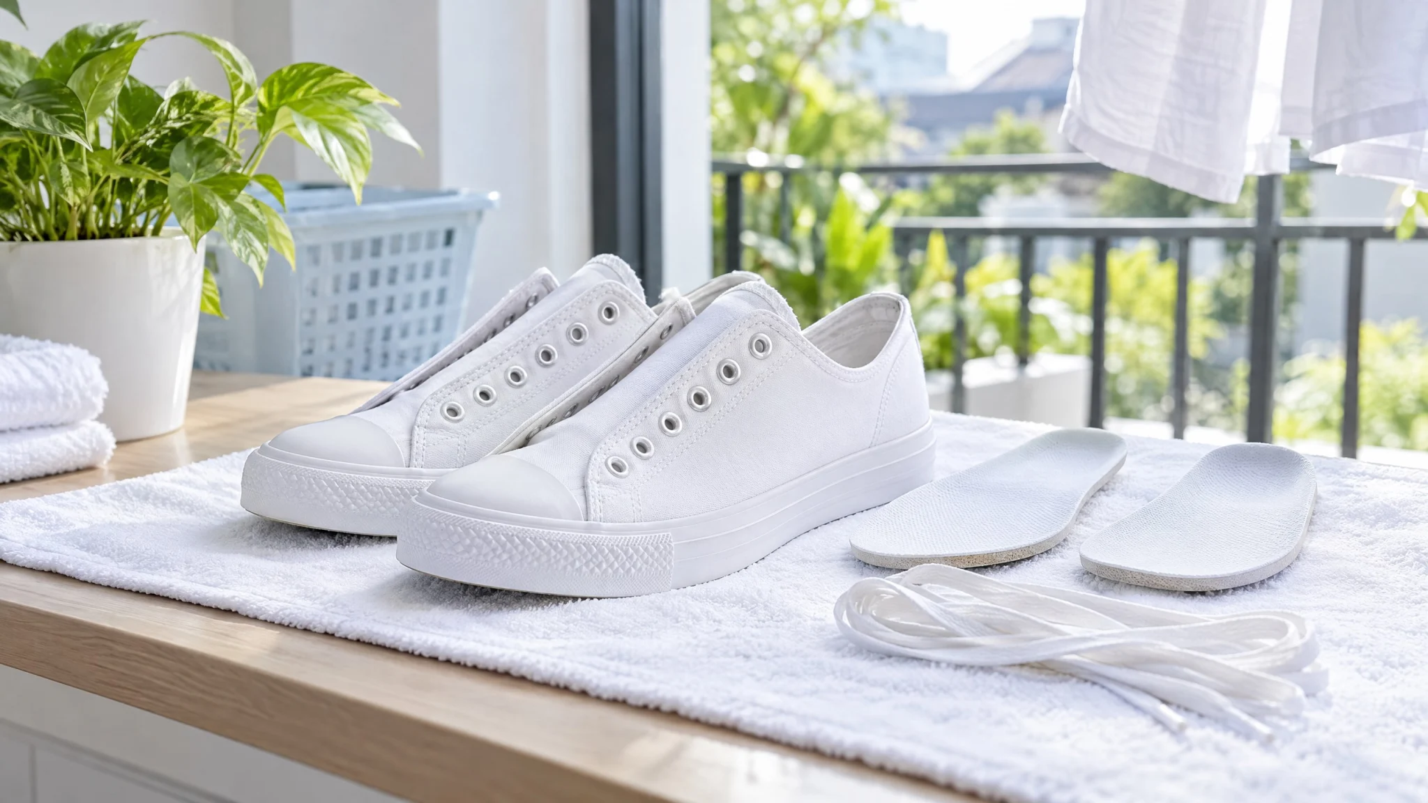Sneaker canvas dikeringkan dengan sirkulasi udara yang baik untuk mencegah jamur