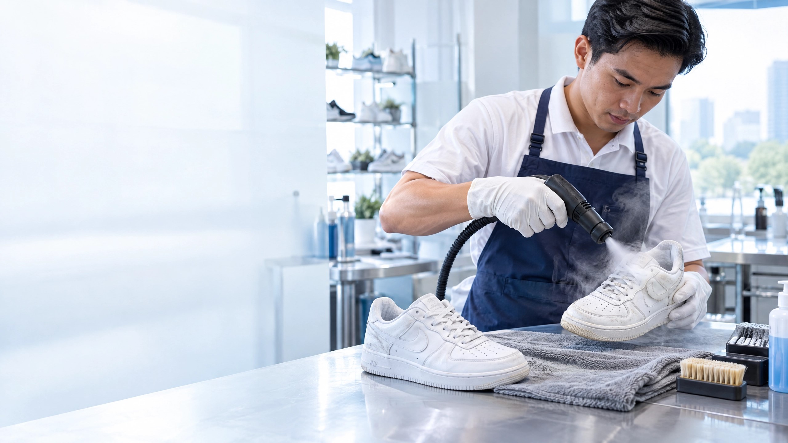 SHELLA technician carefully cleaning a white sneaker at a professional workstation