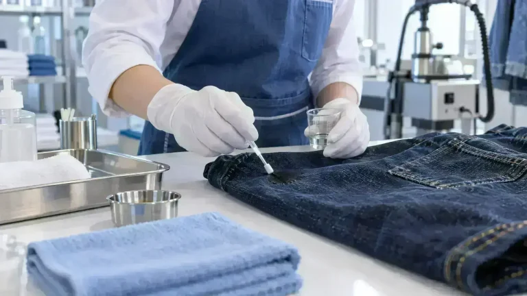 Proses pre-treatment terukur untuk noda grease di jeans