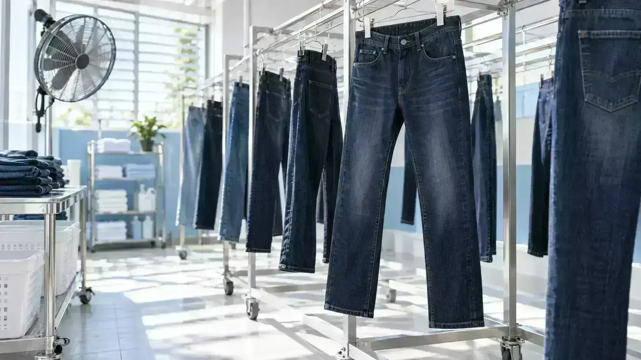 Pengeringan jeans di area laundry bertekanan udara yang baik
