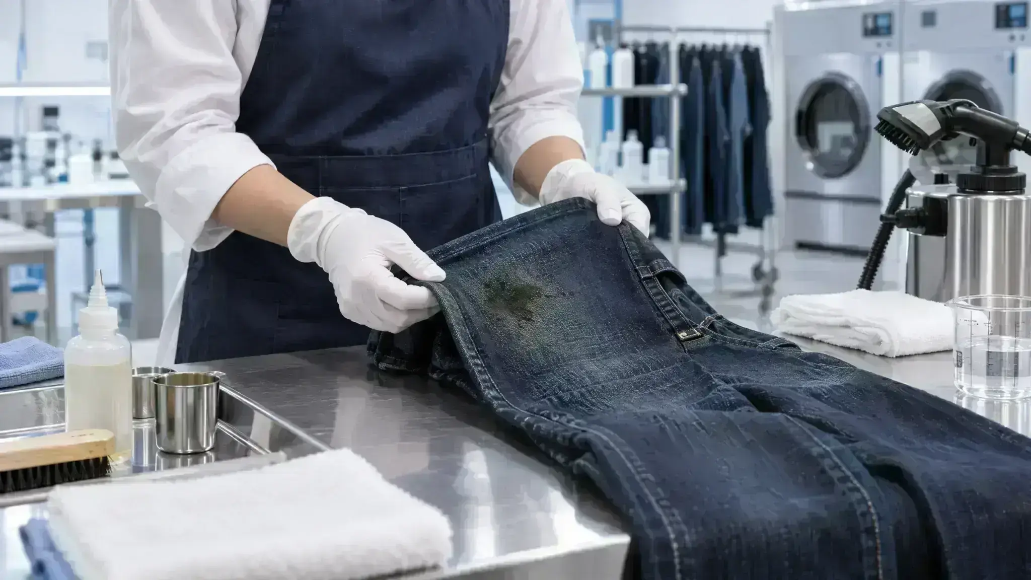 Inspeksi profesional dan penanganan noda jeans dengan steam treatment