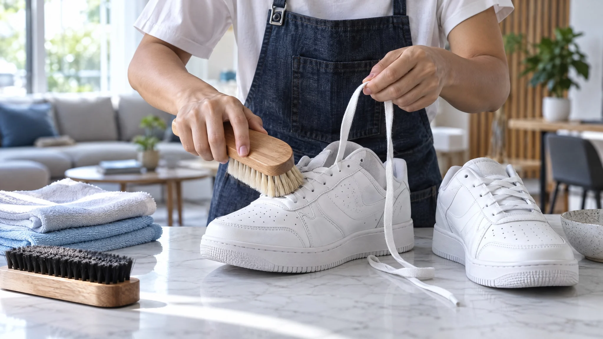 Dry dust removal pada sepatu putih menggunakan soft shoe brush