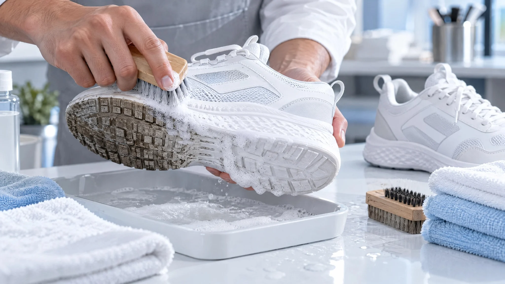 Membersihkan midsole dan outsole sneaker putih