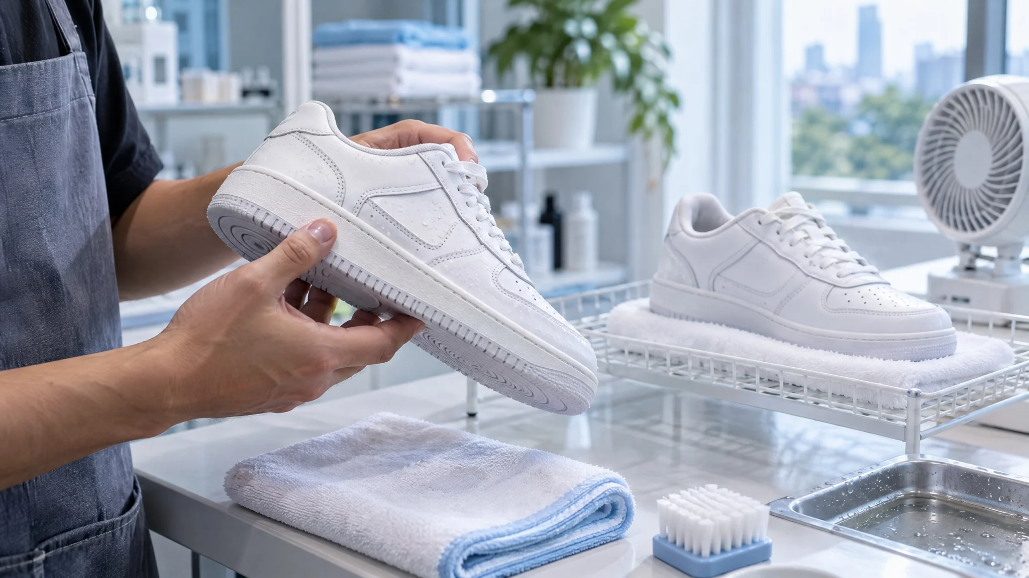 Controlled drying sneaker putih setelah proses deep cleaning