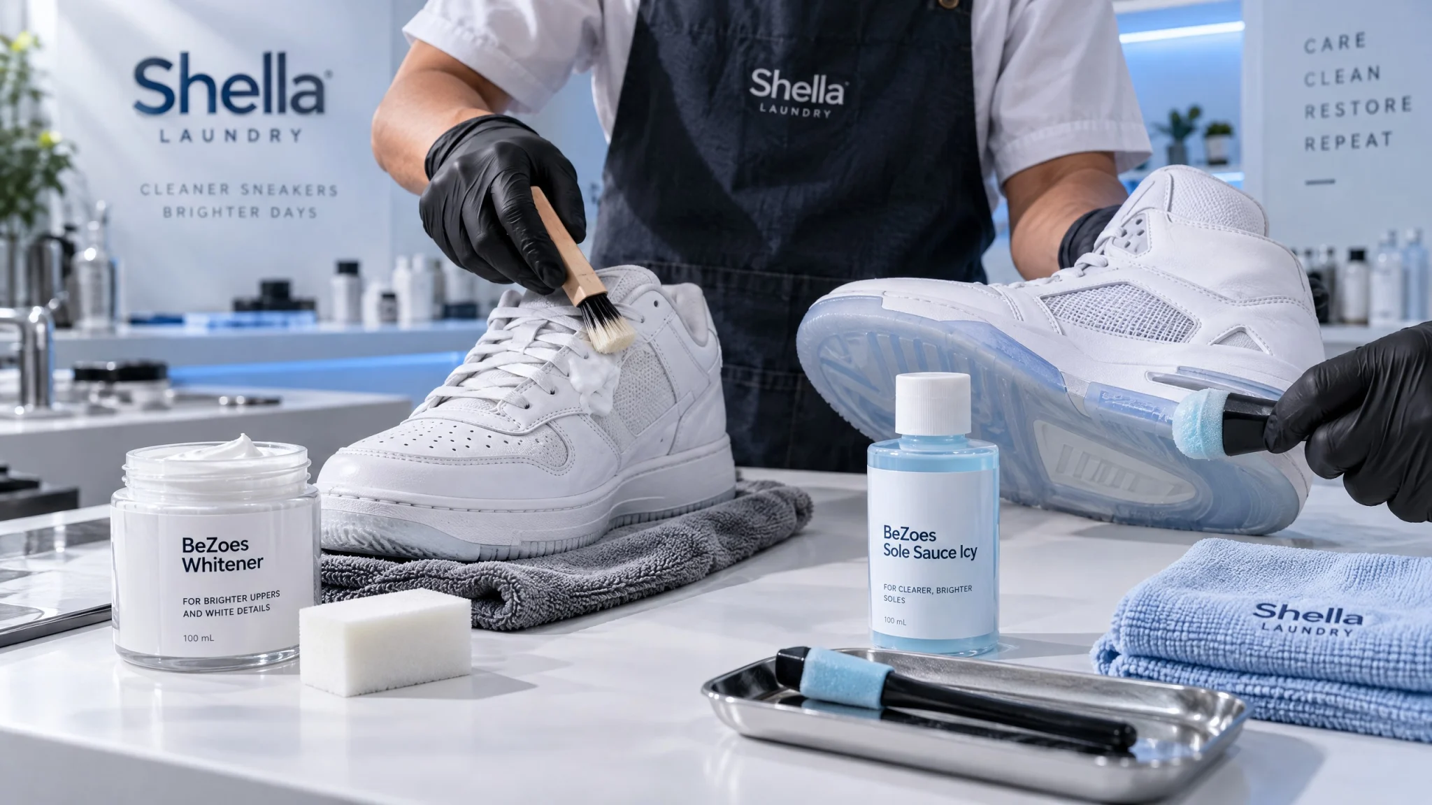 Inspection sepatu putih sebelum proses whitening