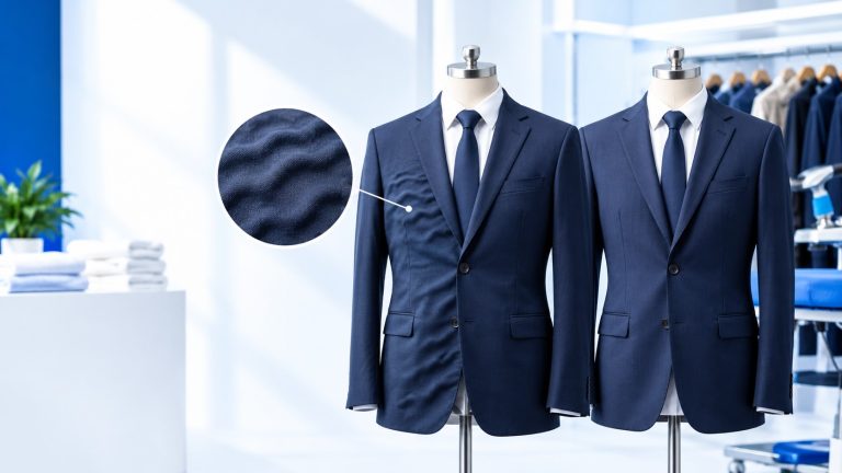 Close-up of rippling fabric on a structured navy suit jacket illustrating incorrect home washing